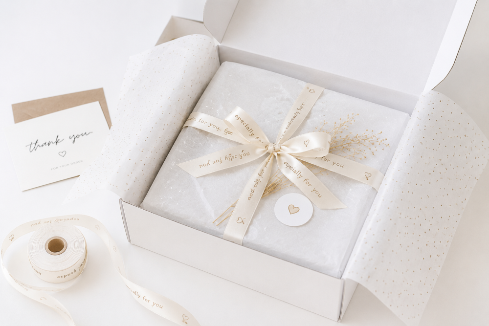 Unboxing van een luxe webshopverpakking met vloeipapier en bedrukt lint