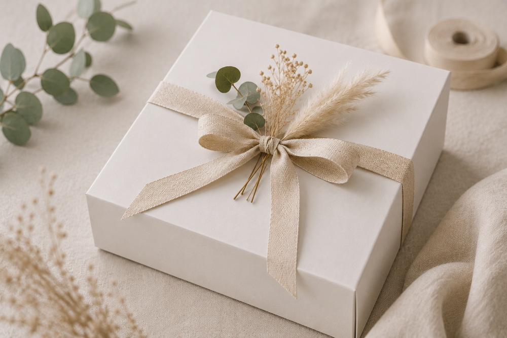 Witte geschenkdoos met natuurlijk lint en vloeipapier