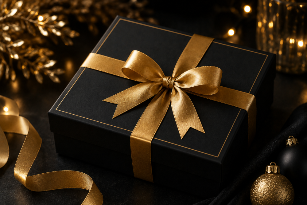 Zwarte geschenkdoos met goudfolie en luxe lint