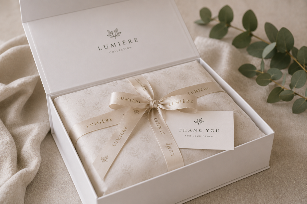 Luxe unboxing met witte geschenkdoos, vloeipapier en bedrukt lint