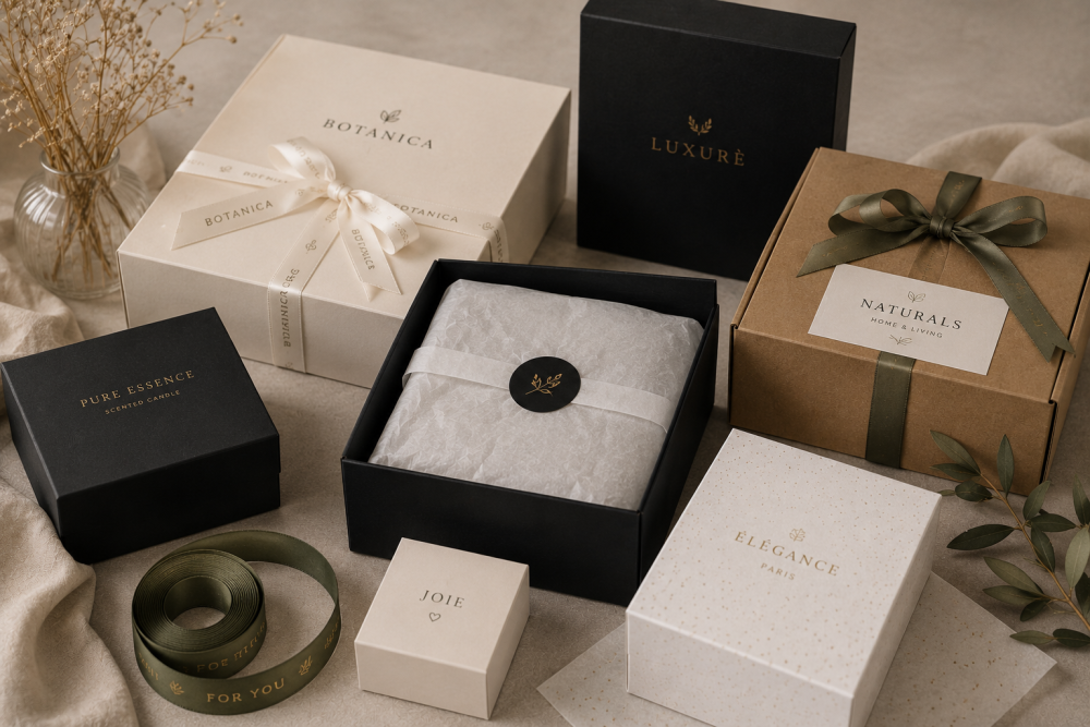 Inspiratie met verschillende luxe geschenkdozen en verpakkingsmaterialen